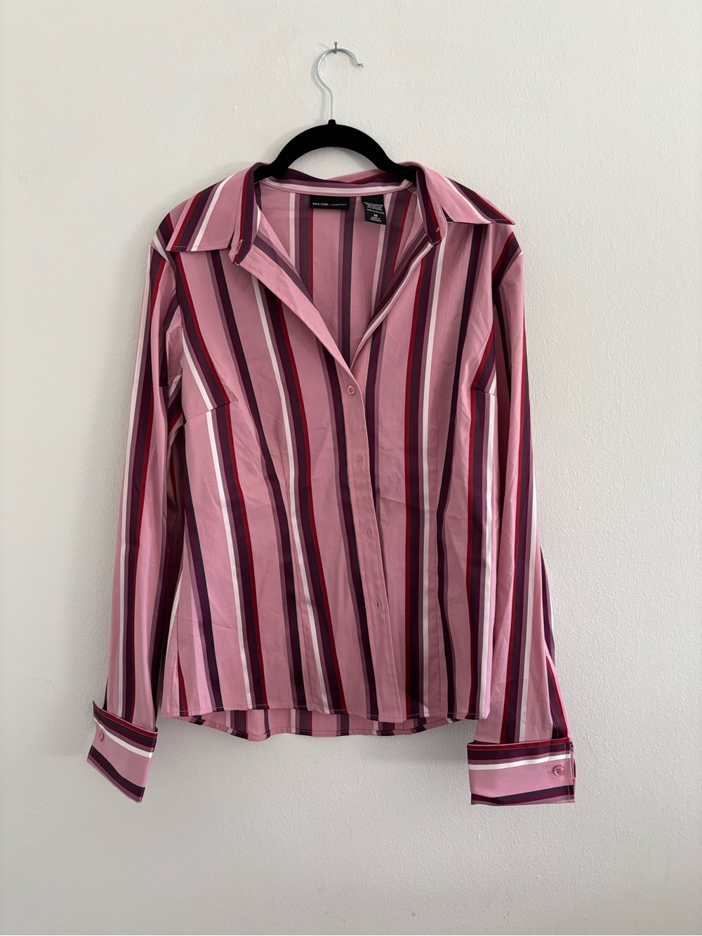 New York & Company Pink and Maroon Striped Button-Down Shirt